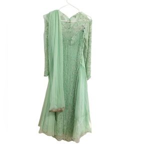 Light Aqua Salwar With Silver Embroidery, matching skirt and a matching dupatta